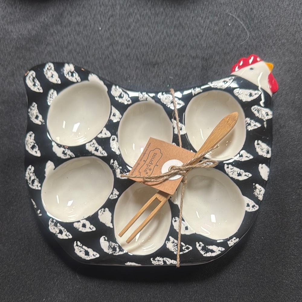 Ceramic Black & White Chicken Egg Serving Plate with Wooden Fork
